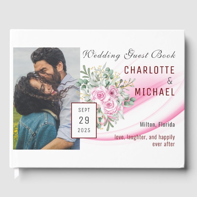 Visitas Wave Rosa e Livro de Convidados de Casamento Flora (Frente)