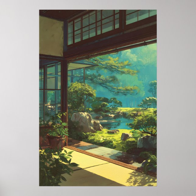Vista de Jardim Japonês Tranquilo Impressão - Verd (Frente)