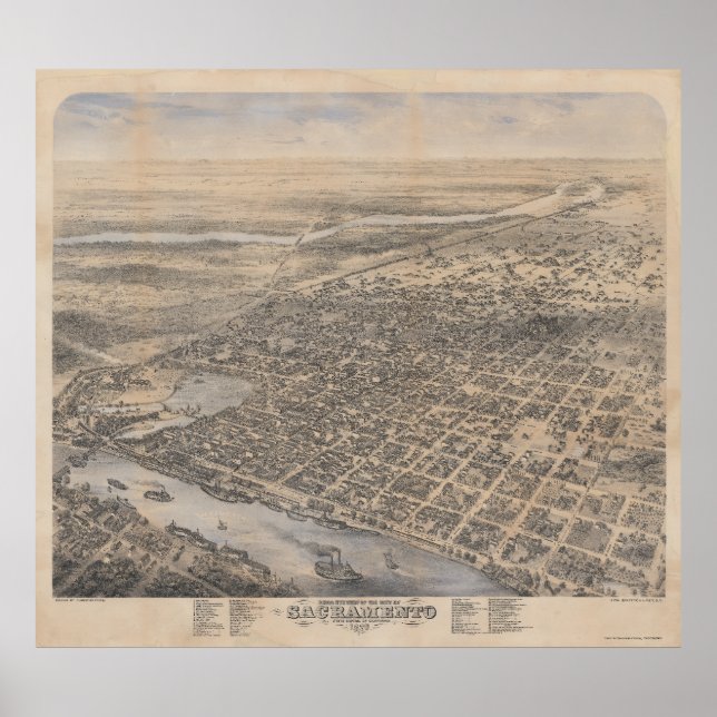 Vista de Pássaro de Sacramento 1870 Poster (Frente)