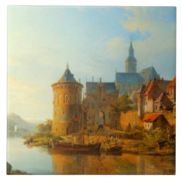 Vista de uma cidade neerlandesa ao longo do rio Re