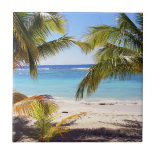 Vista tropical de praia de verão com palmas