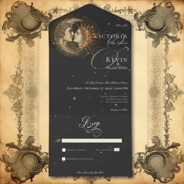 Vitoriano Sombrio Beijando Lua & Sol Sem Jantar (Dark Moody Victorian Kissing Moon & Sun No Dinner All In One Invitation)