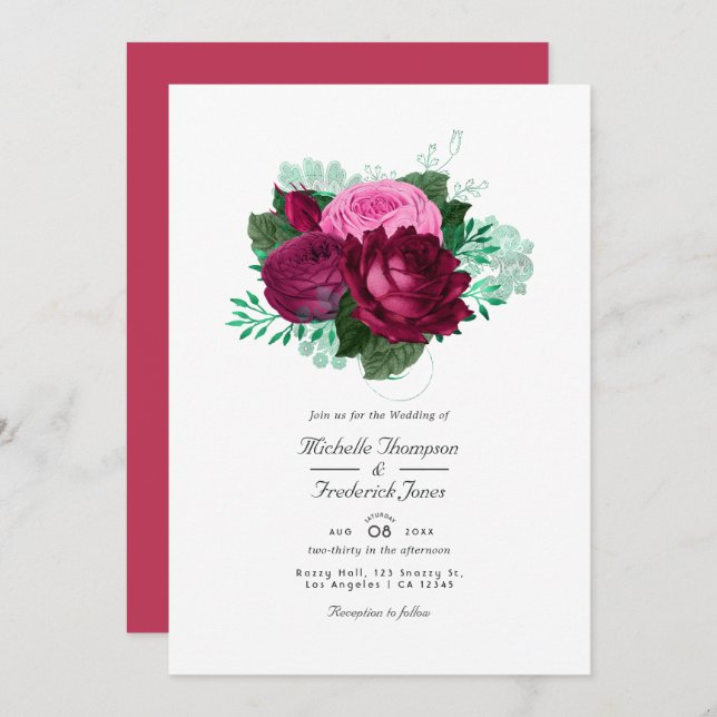 Viva Magenta Convite Floral Para Casamento (Frente/Verso)