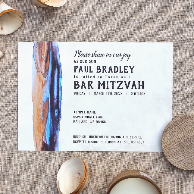 Vivid Caramel e Bar Azul Convite Mitzvah (modern bar mitzvah invitations with bold abstract beige brown blue purple paint stroke)