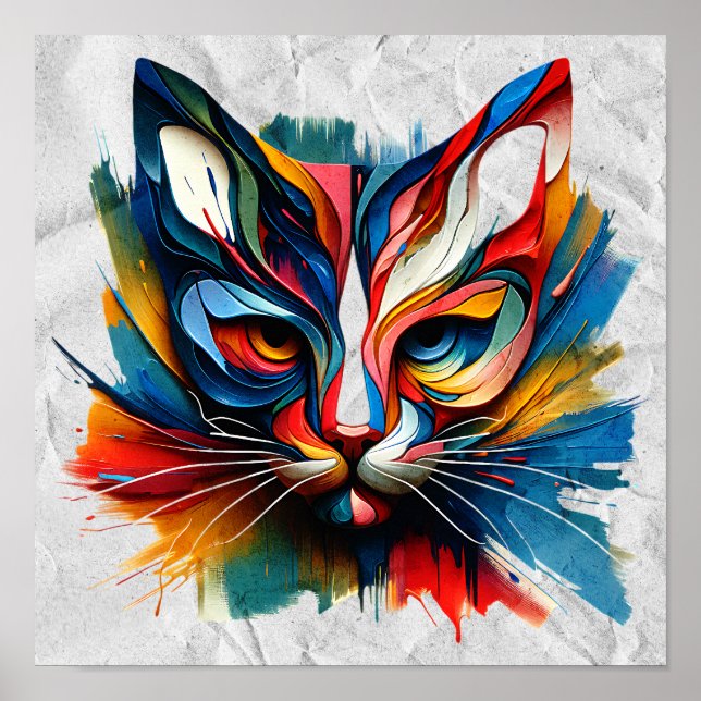 "Vivid Whiskers - Abstrato Feline Energy" Poster (Frente)