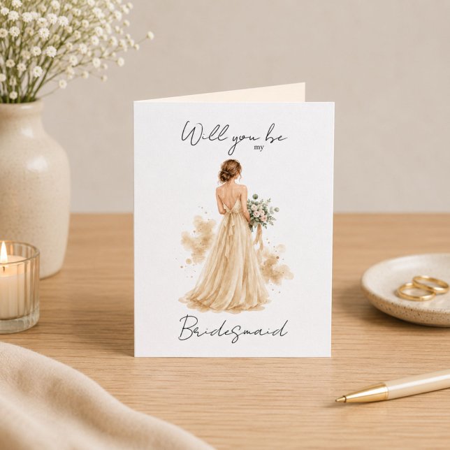 Você será meu Cartão de Proposta de Dama de Honra  (Wedding attendant proposal card with elegant champagne watercolor and classic folded format.)