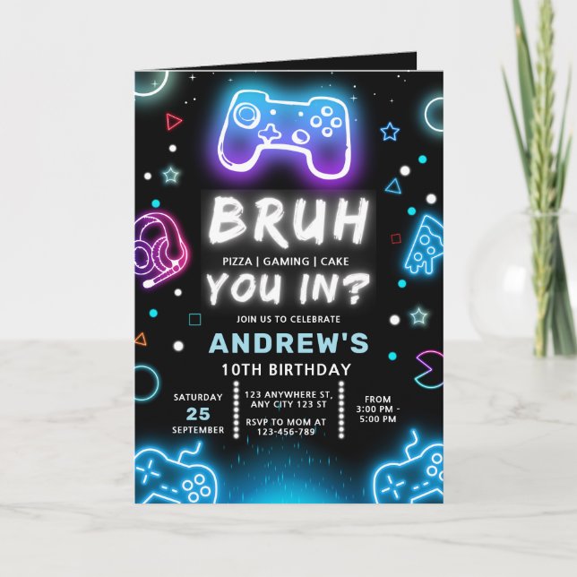 VOCÊ TÁ DENTRO? Convite de Aniversário Neon Gamer (Frente)
