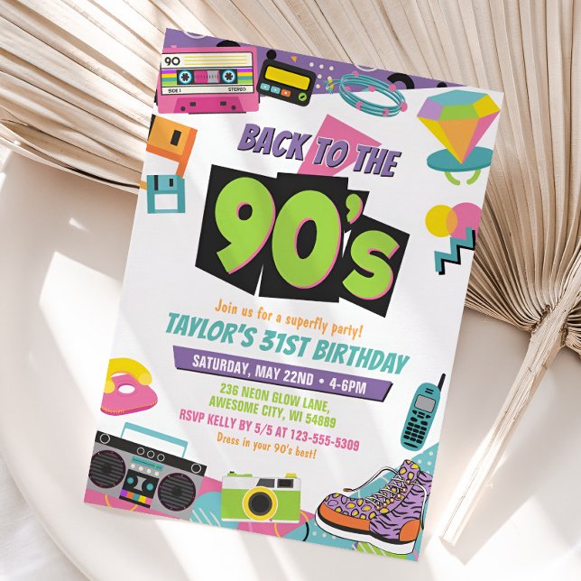 Voltar à parte traseira do Convite de aniversário  (Back to the 90s Birthday Party Invitation)