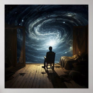 Voo enigmático: Poster surreal de uma figura voado