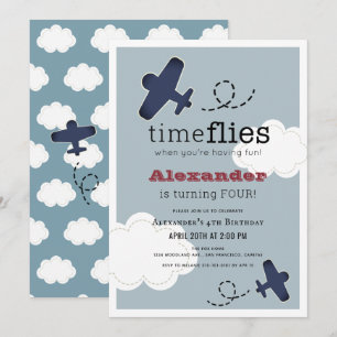 Voo Temporal Avião Blue Boy Convite de Aniversário