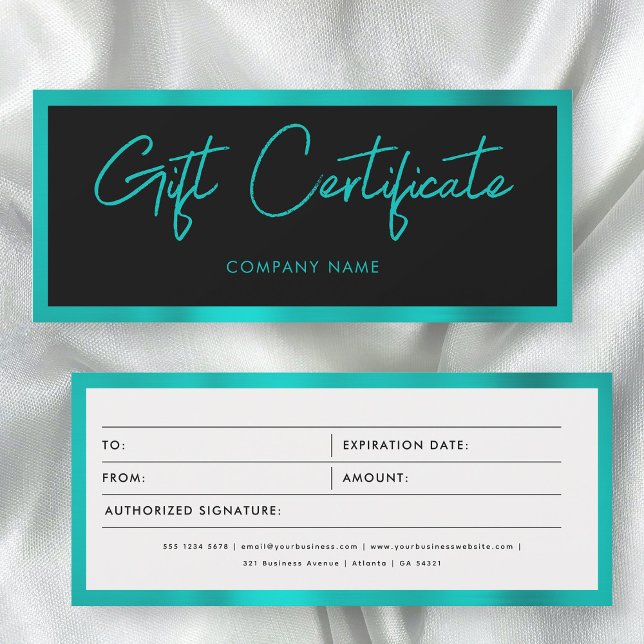 Voucher de Certificado de Oferta de Terras Metálic (Metallic Teal Business Gift Certificate Voucher)