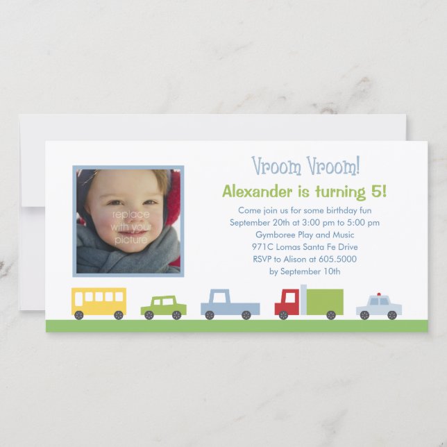 Vroom Vroom Cars Convite de aniversário de Fotogra (Frente)