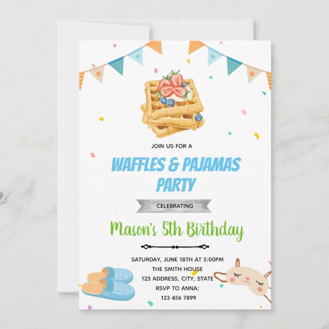 Waffle pijamas convite de aniversário (Frente)