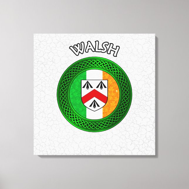 Walsh Crest & Celtic Knot on Shamrock Canvas Print (Frente)
