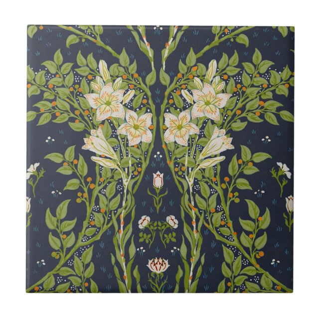Walter Crane Antigo Padrão Lírio Branco Navy (Frente)