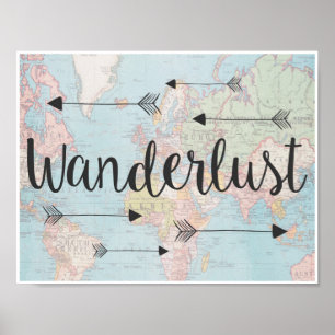 Wanderlust no poster do mapa do mundo do vintage