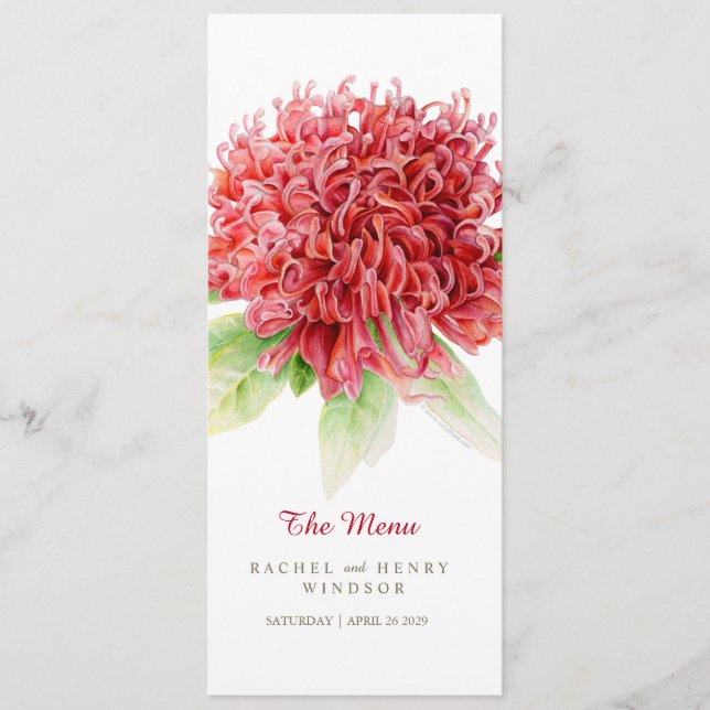 Waratah Vermelha flores nativas menu de casamento  (Frente)