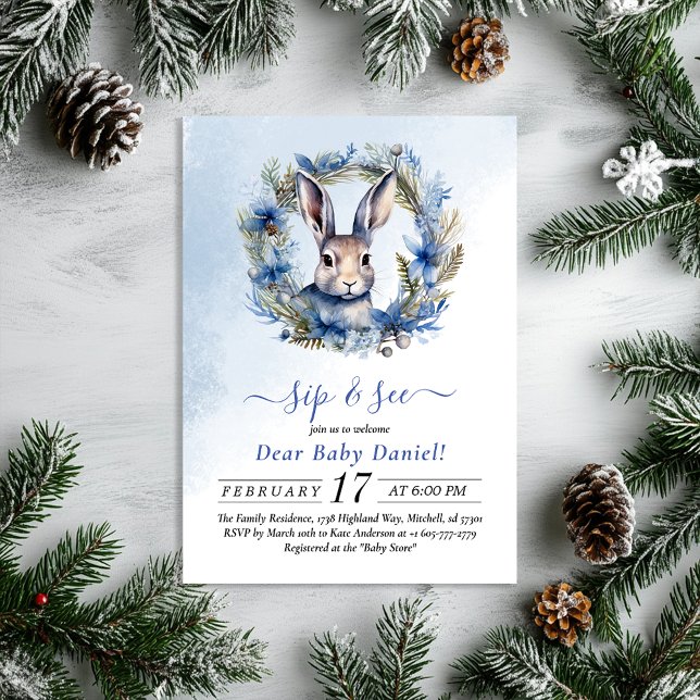 Ware Watercolor Sip e Consulte o Convite (Winter Hare Watercolor Sip and See Invitation)