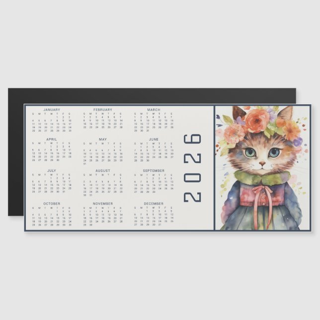 Watercolor Abstract Cat Dressed Florals Calendar (Frente/Verso)