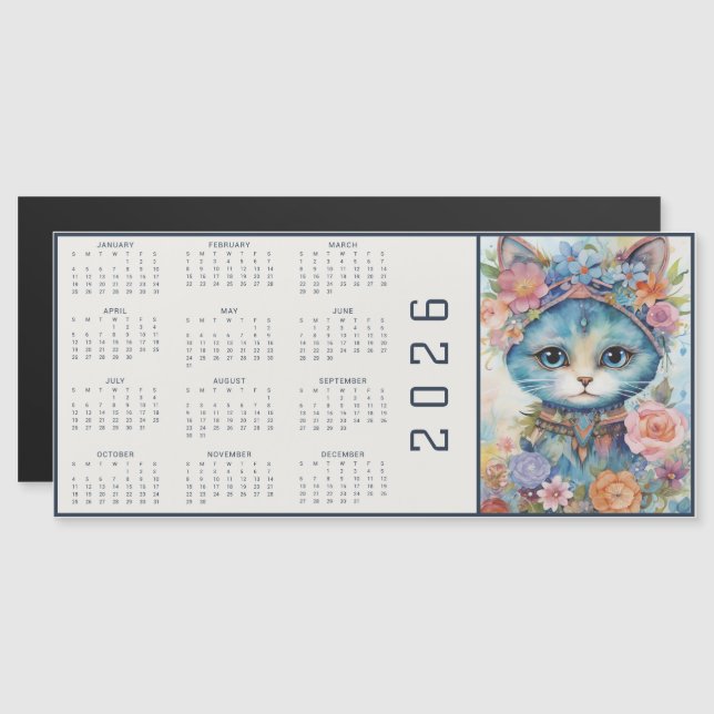 Watercolor Abstract Cat Dressed Florals Calendar (Frente/Verso)