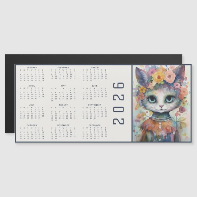 Watercolor Abstract Cat Dressed Florals Calendar (Frente/Verso)