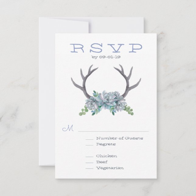 Watercolor Antlers e Echeveria Wedding RSVP (Frente)