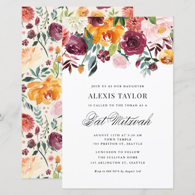 Watercolor Autumn Blooms Bat Mitzvah Convite (Frente/Verso)