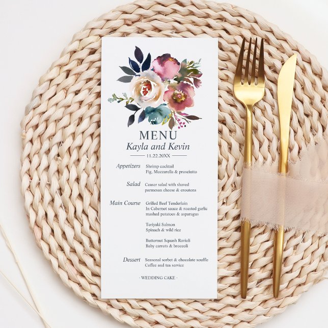 Watercolor Azul Mauve Floral MENU (Watercolor Dusty Blue Mauve Floral Wedding MENU)