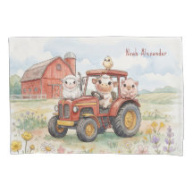 Watercolor Baby Animals Driving Red Tractor Farm