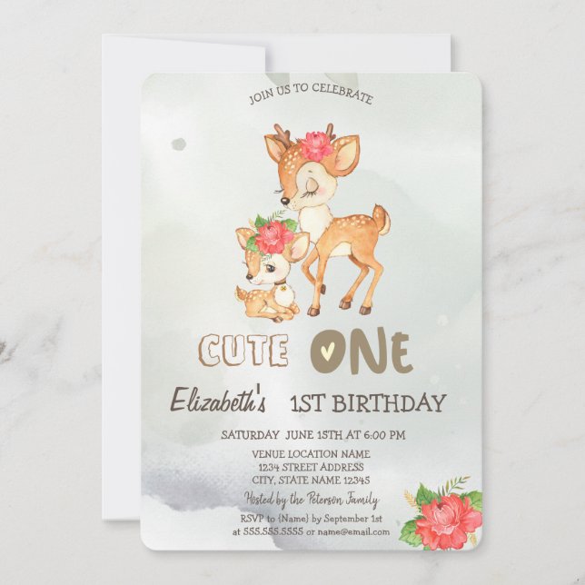 Watercolor Baby Deer Flower Green 1rua Convite (Frente)