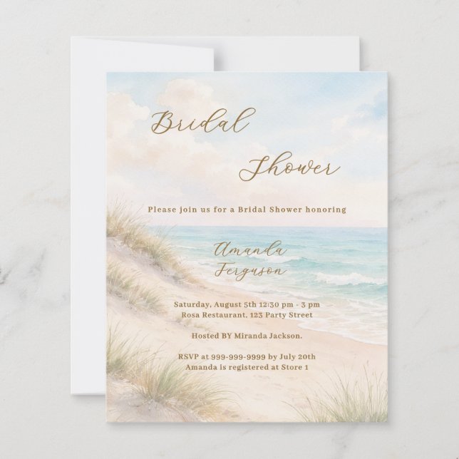 Watercolor beach coastal Bridal Shower invitation (Frente)