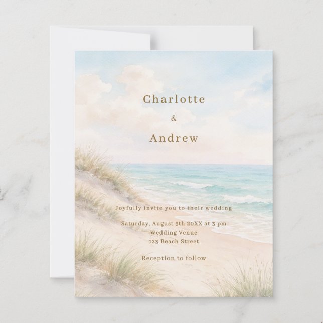 Watercolor beach coatal modern wedding invitation (Frente)