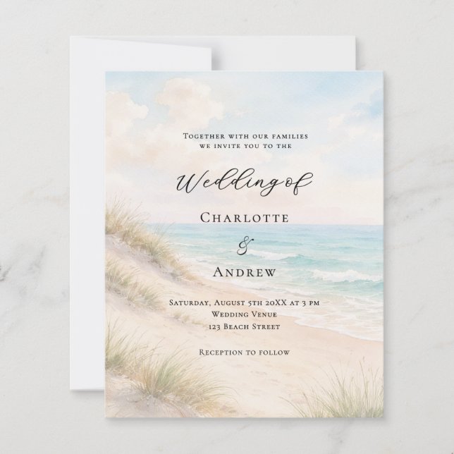 Watercolor beach sand dunes wedding invitation (Frente)