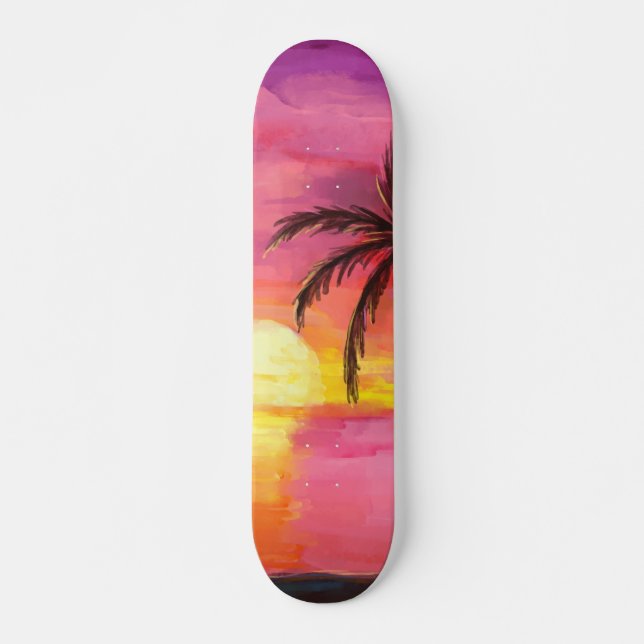 Watercolor Beach Sunset Skateboard (Frente)