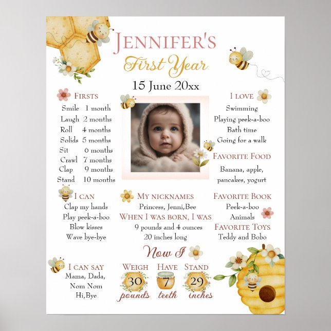 Watercolor Bee First Birthday Milestone Poster (Frente)