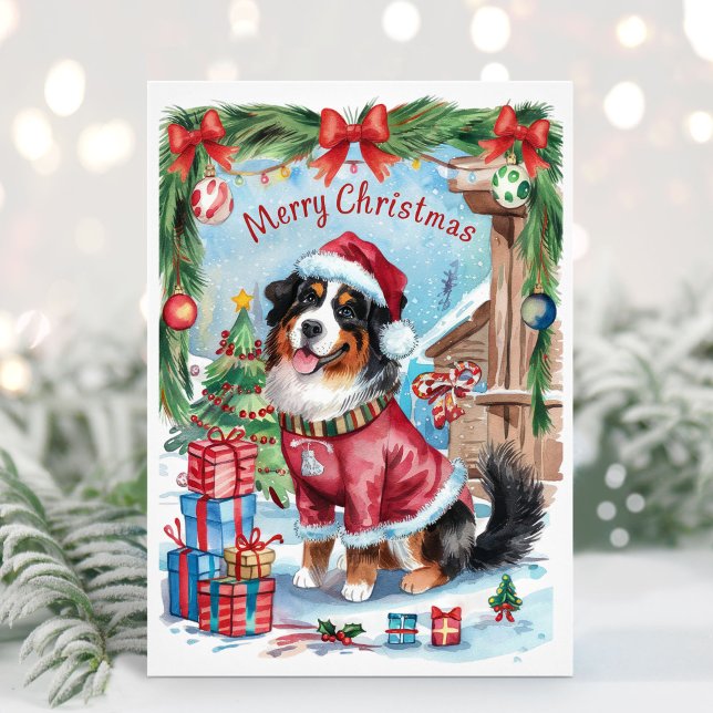 Watercolor Bernese Mountain Dog Cartão de Natal (Bernese Mountain Dog Christmas Card)