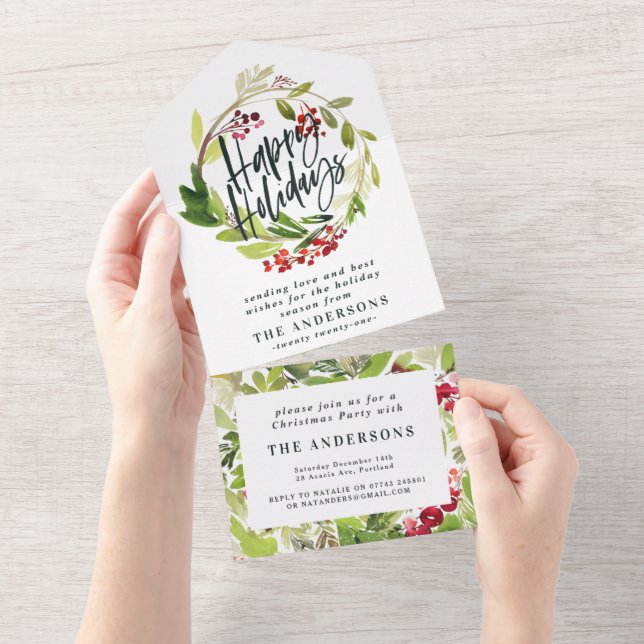 Watercolor Berries Greenery Wreath felizes Feriado (Tearaway)