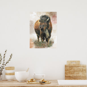 Watercolor Bison Buffalo Cottagecore Impressão Rus
