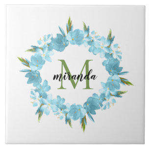 Watercolor Blue Floral Wreath Name Monograma