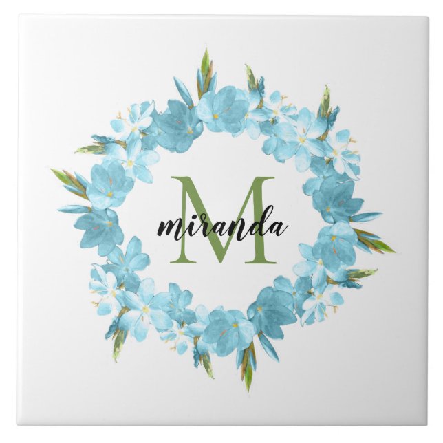 Watercolor Blue Floral Wreath Name Monograma (Frente)