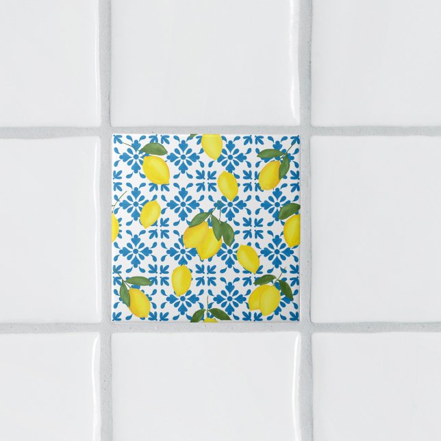 Watercolor Blue French Country Lemon Pattern Tile (Criador carregado)
