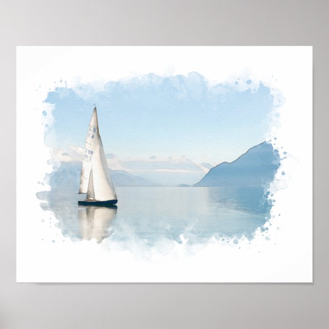Watercolor Blue Sailing Boat Poster (Frente)
