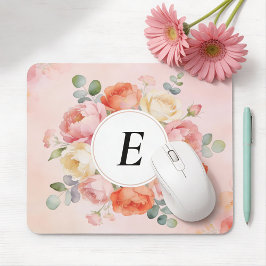 Watercolor Blush Peonies Monogrammed Mouse Pad