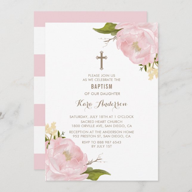 Watercolor Blush Pink Peonies Baptism Convite (Frente/Verso)