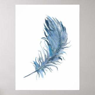 Watercolor Boho Blue Feather Impressão