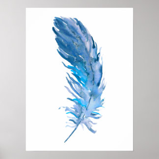 Watercolor Boho Blue Feather Impressão
