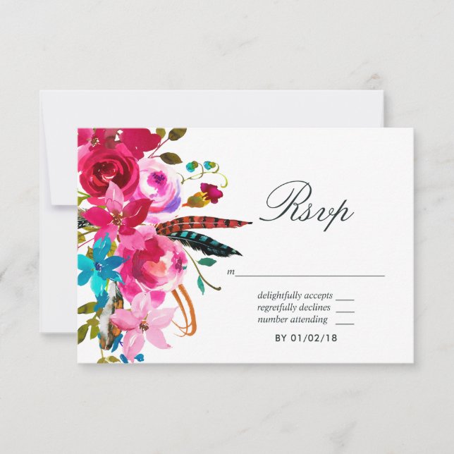 Watercolor Boho Chic Floral Weding RSVP (Frente)