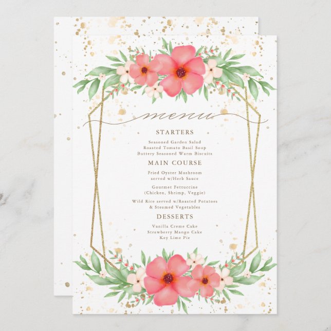 Watercolor Boho Pink & Ivory Greenery Menu Floral (Frente/Verso)