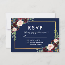 Watercolor Burgundy Blue Floral Dourado RSVP