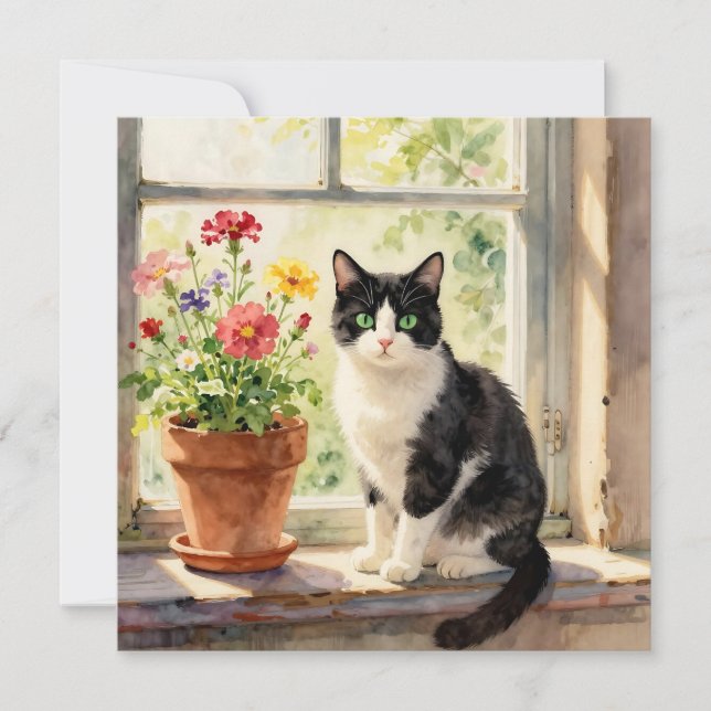 Watercolor Cat and Flower Themed Blank (Frente)